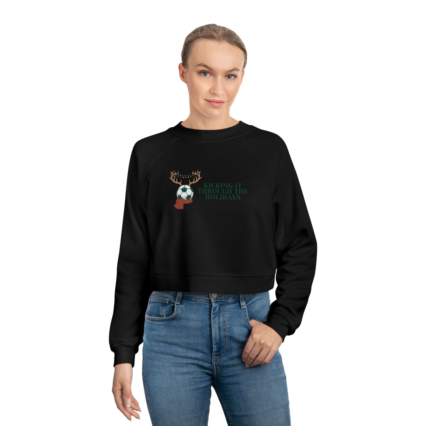 Soccer Holiday Women's Cropped Fleece Pullover Raglan Sleeve Christmas