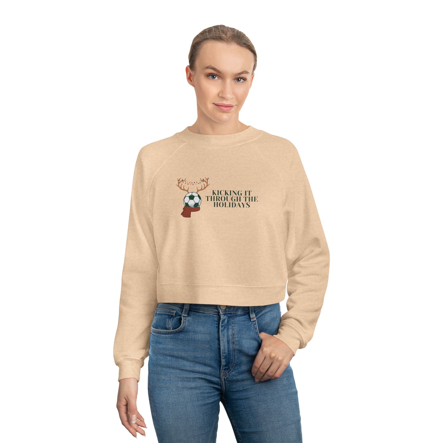 Soccer Holiday Women's Cropped Fleece Pullover Raglan Sleeve Christmas