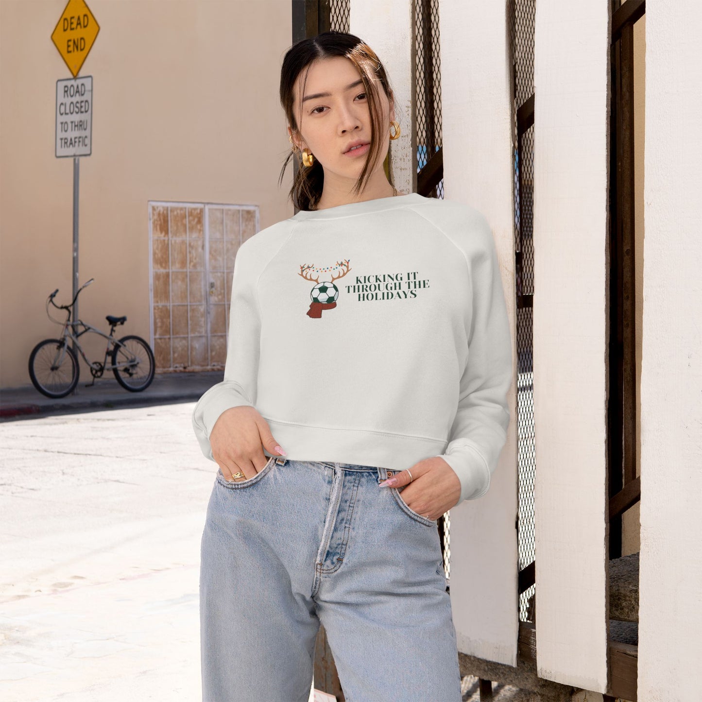 Soccer Holiday Women's Cropped Fleece Pullover Raglan Sleeve Christmas
