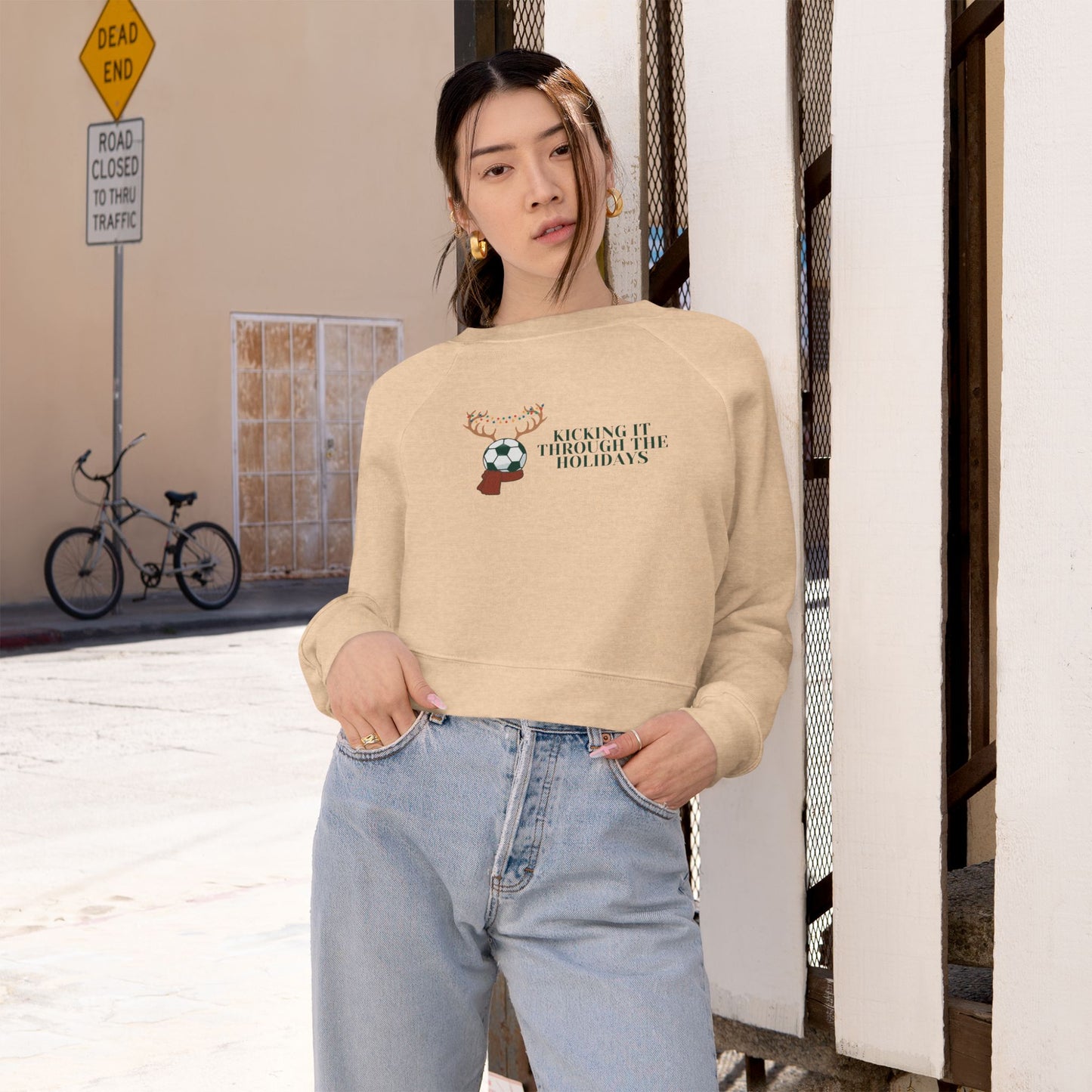 Soccer Holiday Women's Cropped Fleece Pullover Raglan Sleeve Christmas