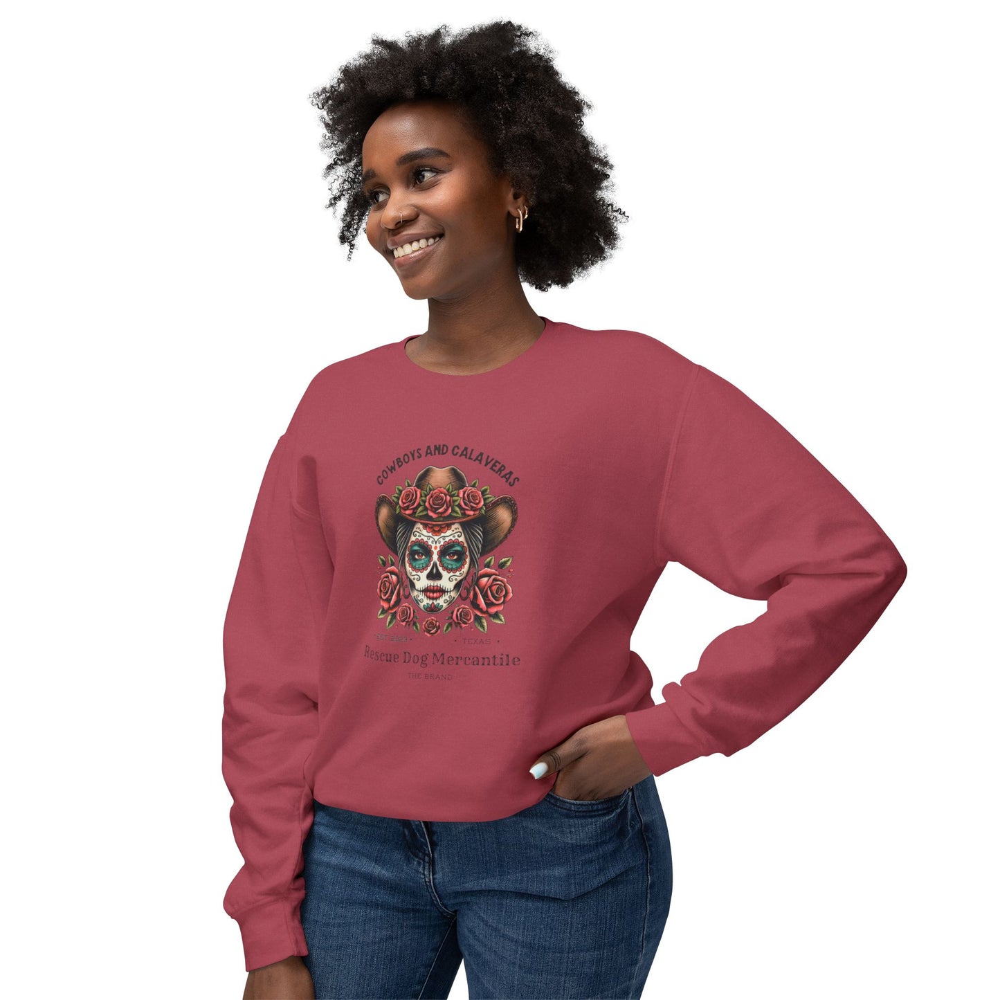 Dia de los Muertos Unisex Lightweight Crewneck Sweatshirt, Catrina, Cowboys, Cowgirl, Vaquero Style, Mexican Folklore, Day of the Dead, Halloween