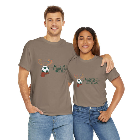 Kicking it Through the Holidays Soccer Chritsmas Tshirt