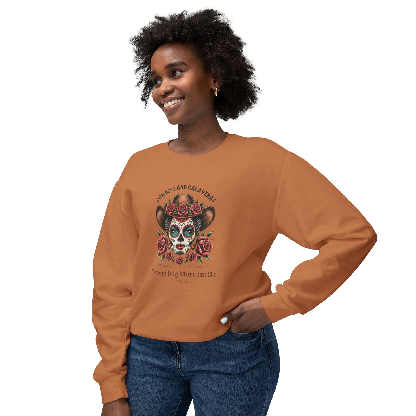 Dia de los Muertos Unisex Lightweight Crewneck Sweatshirt, Catrina, Cowboys, Cowgirl, Vaquero Style, Mexican Folklore, Day of the Dead, Halloween