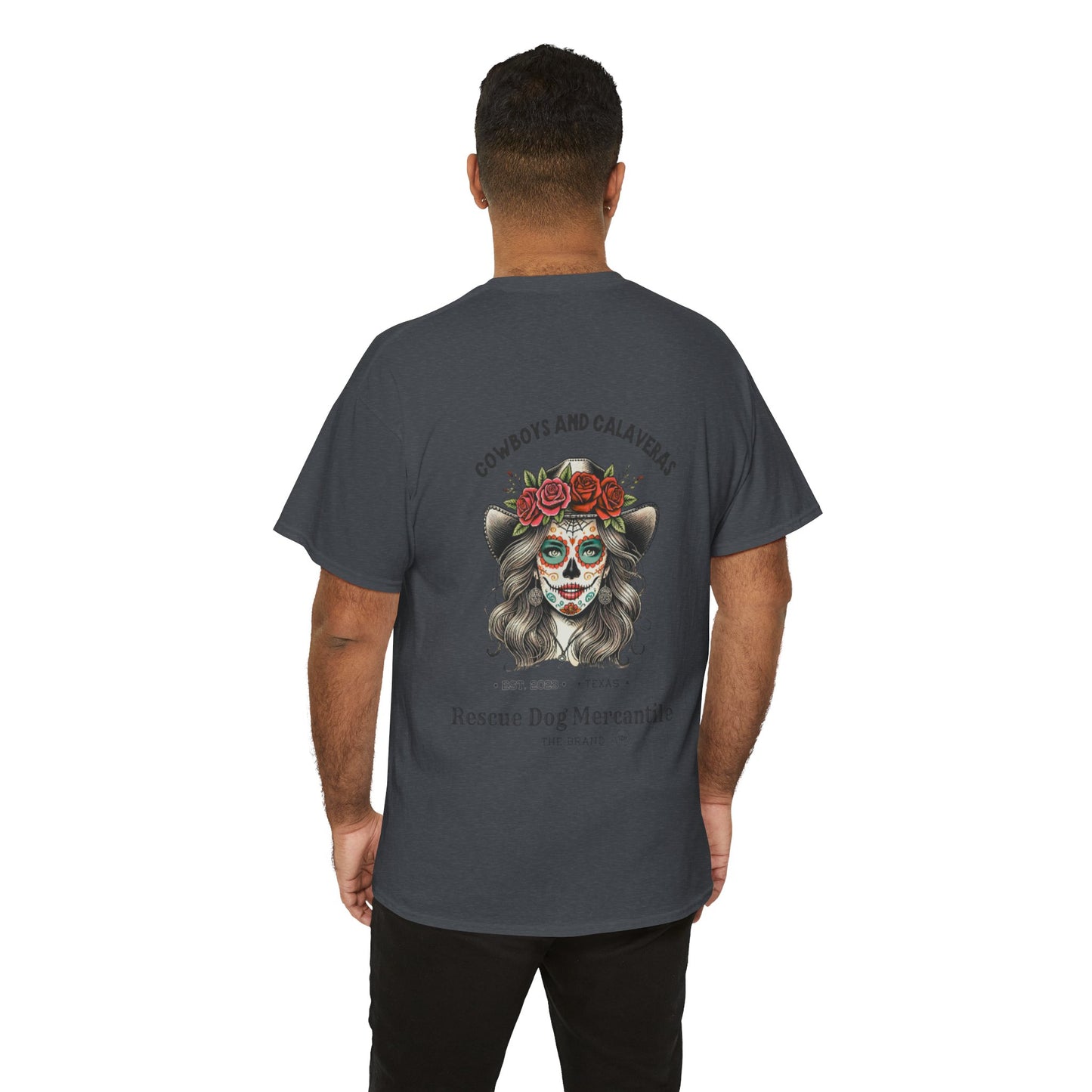 Cowboy Halloween Unisex Heavy Cotton Tee, Day of the dead,  Dia de los Muertos, Texas Roots, Vaquero Style, Catrina, Skull, Glamour