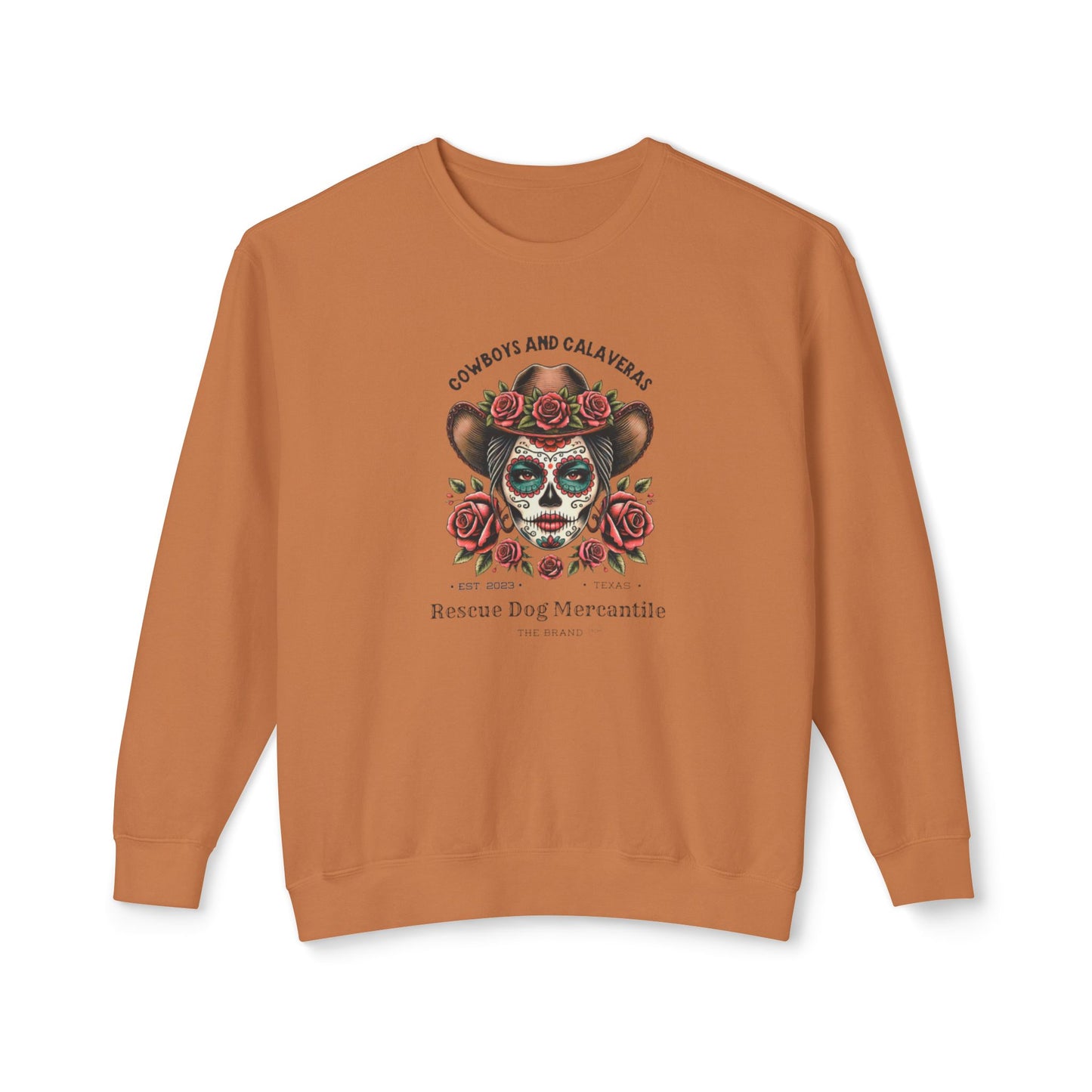 Dia de los Muertos Unisex Lightweight Crewneck Sweatshirt, Catrina, Cowboys, Cowgirl, Vaquero Style, Mexican Folklore, Day of the Dead, Halloween