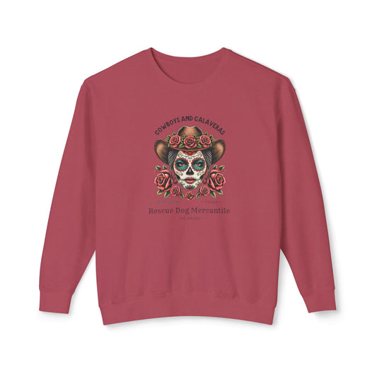 Dia de los Muertos Unisex Lightweight Crewneck Sweatshirt, Catrina, Cowboys, Cowgirl, Vaquero Style, Mexican Folklore, Day of the Dead, Halloween