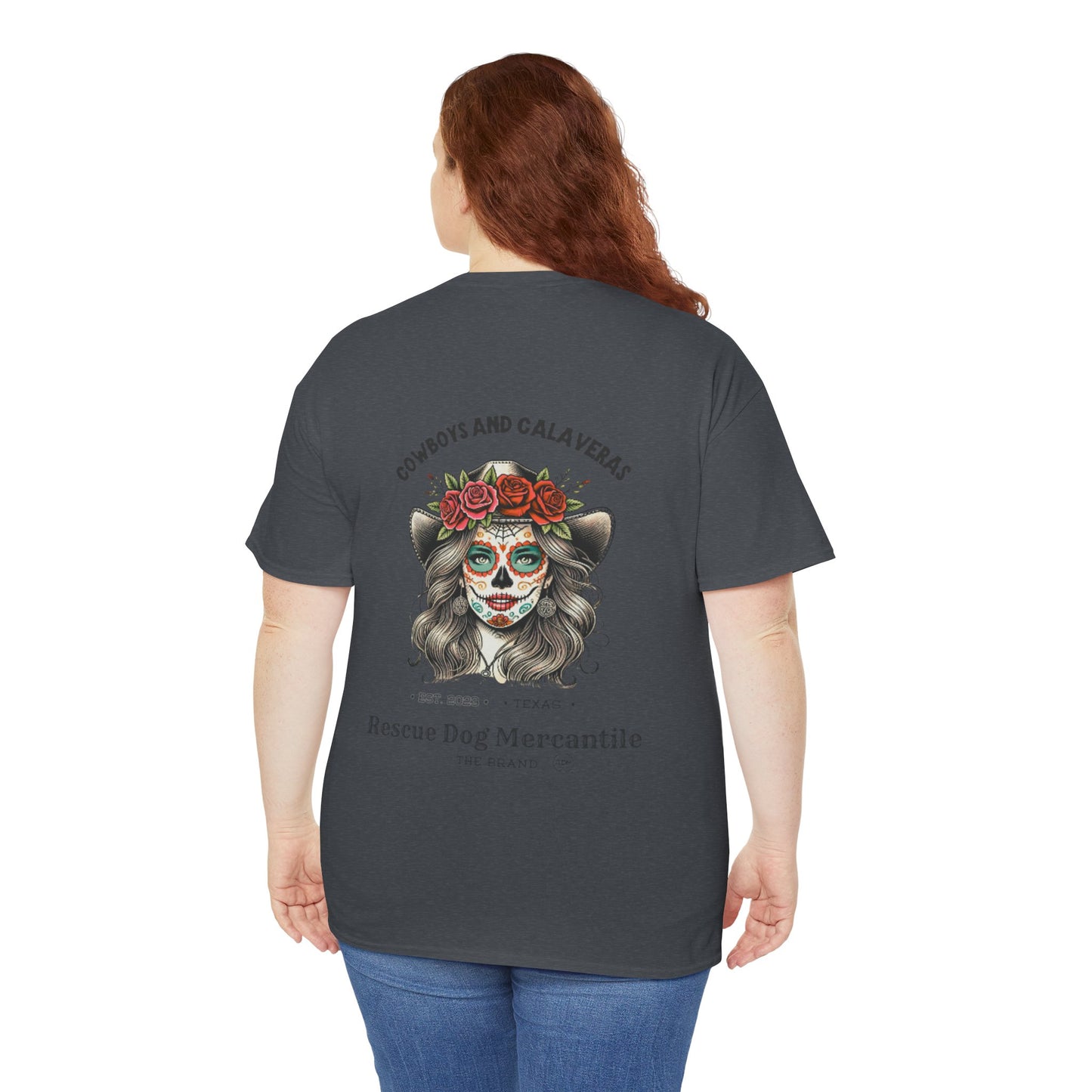 Cowboy Halloween Unisex Heavy Cotton Tee, Day of the dead,  Dia de los Muertos, Texas Roots, Vaquero Style, Catrina, Skull, Glamour