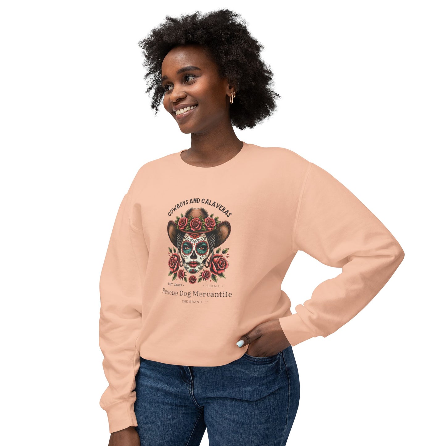 Dia de los Muertos Unisex Lightweight Crewneck Sweatshirt, Catrina, Cowboys, Cowgirl, Vaquero Style, Mexican Folklore, Day of the Dead, Halloween