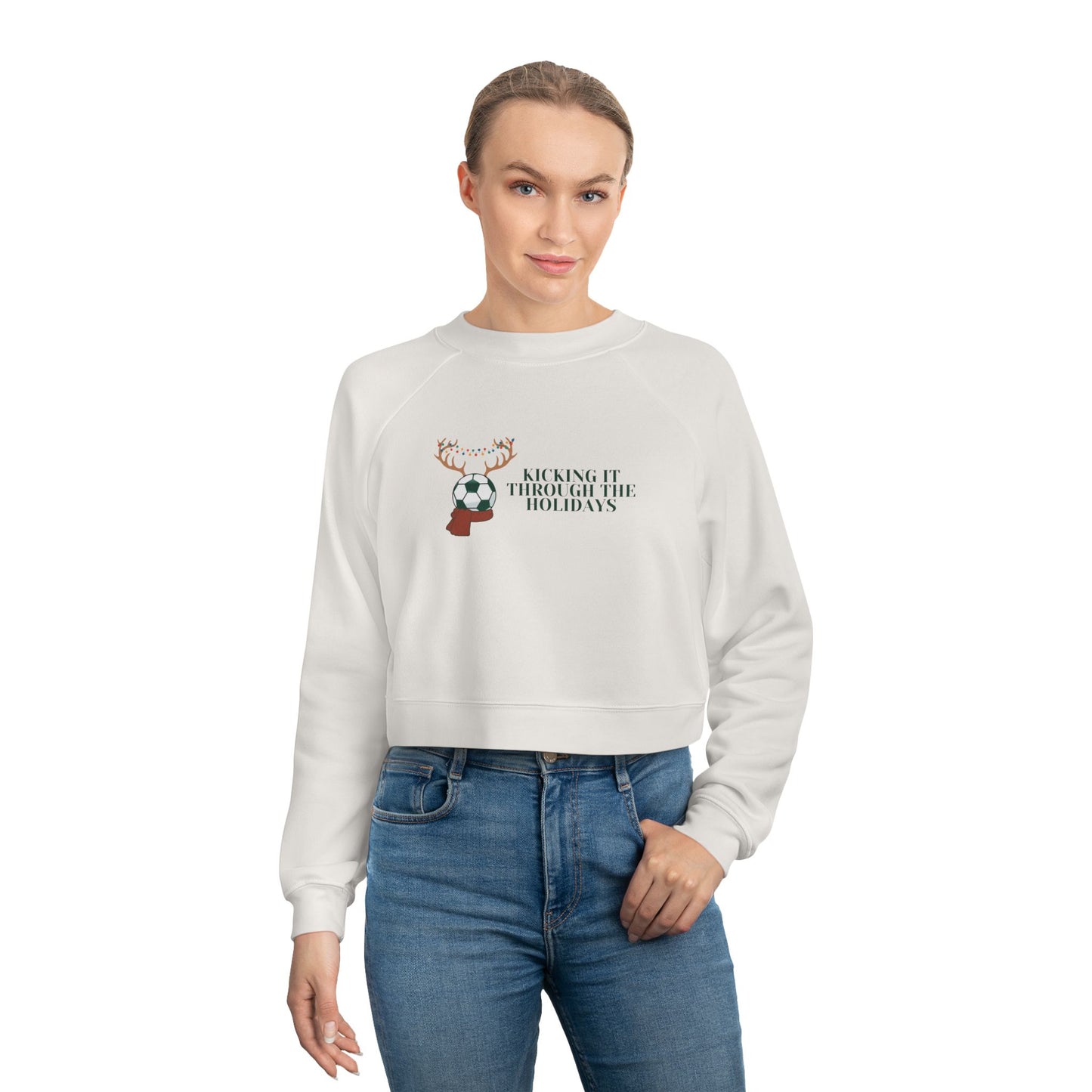 Soccer Holiday Women's Cropped Fleece Pullover Raglan Sleeve Christmas
