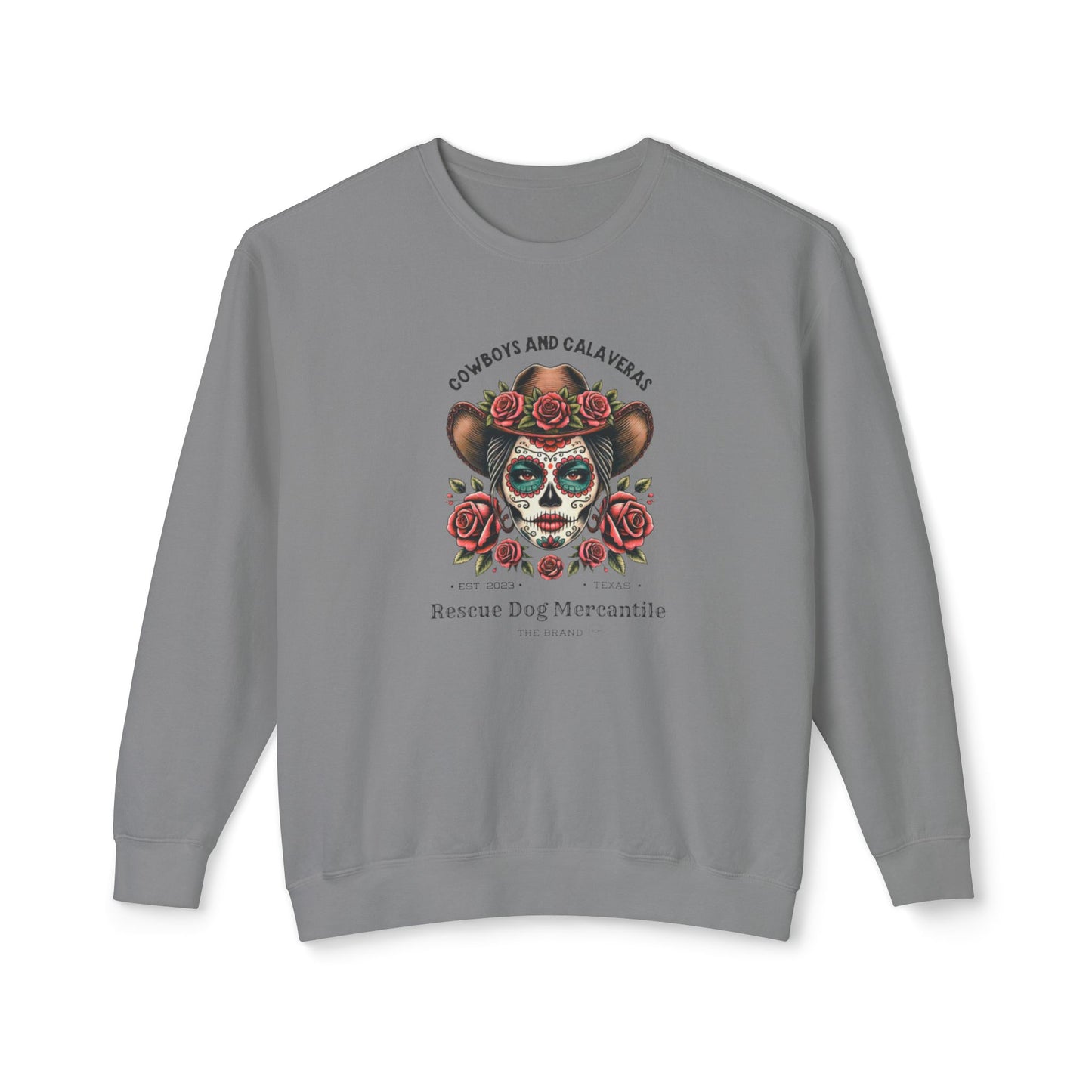 Dia de los Muertos Unisex Lightweight Crewneck Sweatshirt, Catrina, Cowboys, Cowgirl, Vaquero Style, Mexican Folklore, Day of the Dead, Halloween